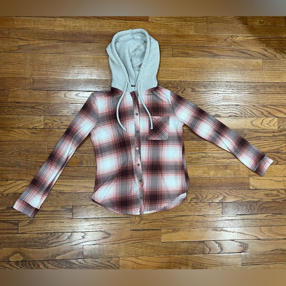 Ardene Plaid Hooded Button down Shirt Long Sleeves Womens Size Small SUPER SOFT!